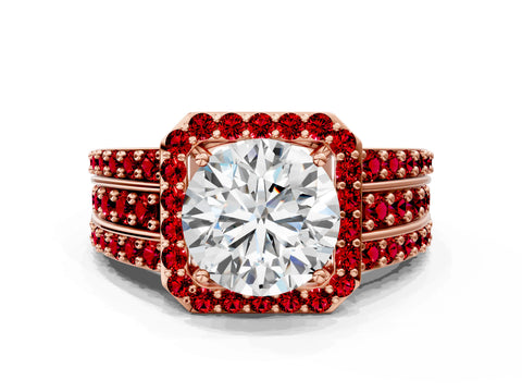 Rose gold Round Cut Halo Diamond Ring with Round with Ruby side stone Split Shank and Prong Setting