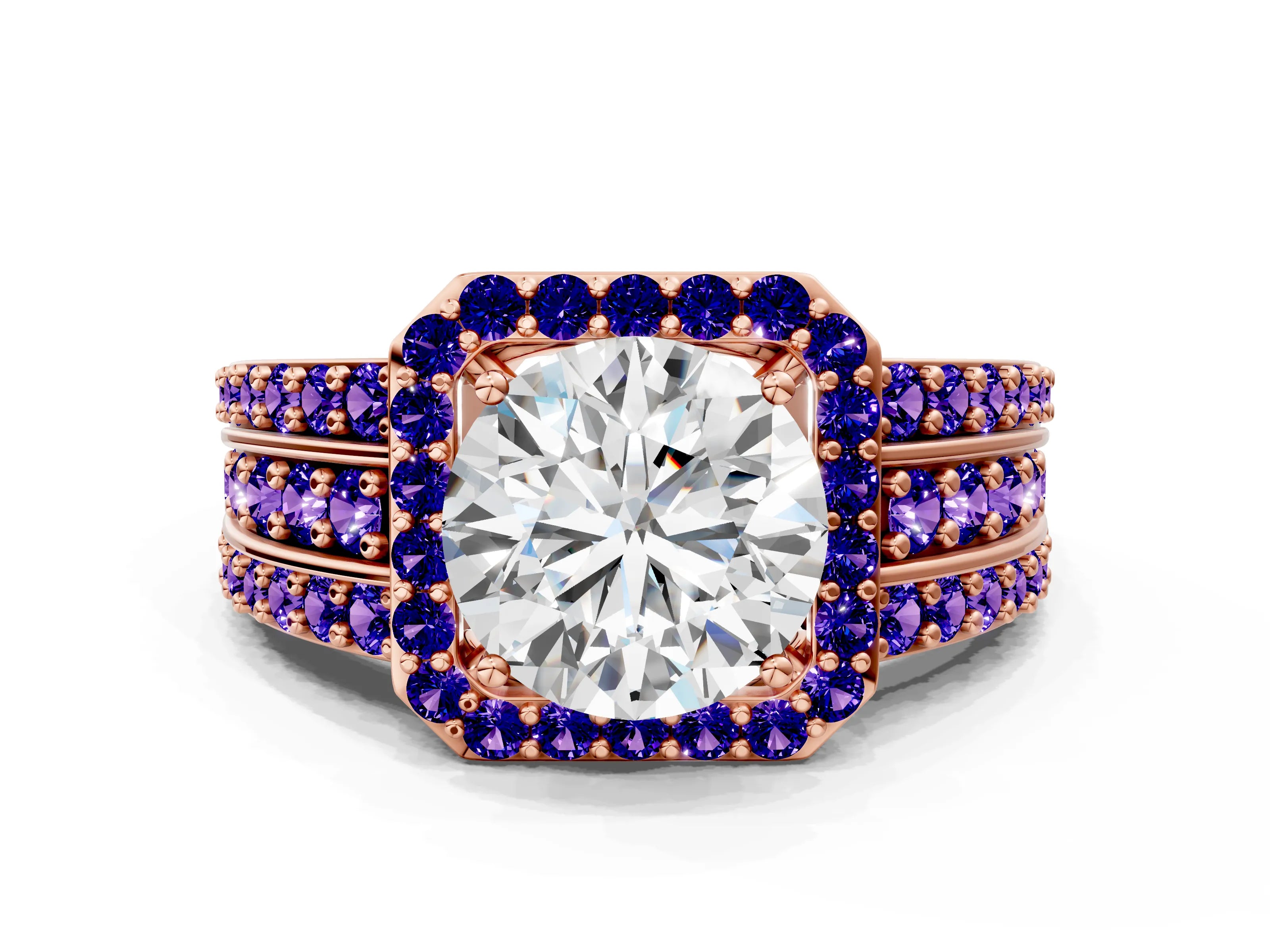 Rose gold Round Cut Halo Diamond Ring with Round with Tanzanite side stone Split Shank and Prong Setting