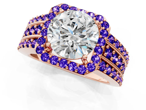Rose gold Round Cut Halo Diamond Ring with Round with Tanzanite side stone Split Shank and Prong Setting_1
