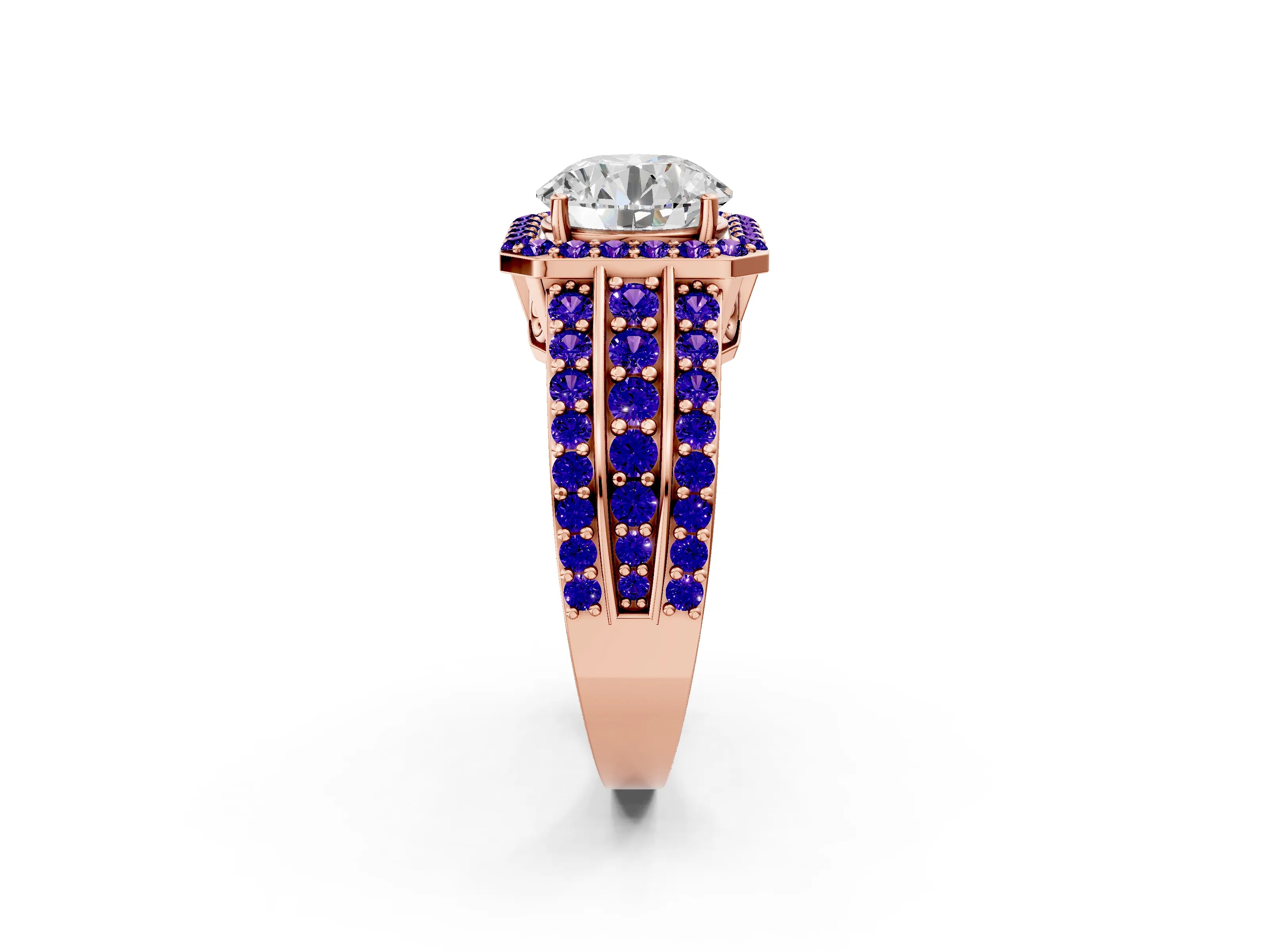 Rose gold Round Cut Halo Diamond Ring with Round with Tanzanite side stone Split Shank and Prong Setting_2