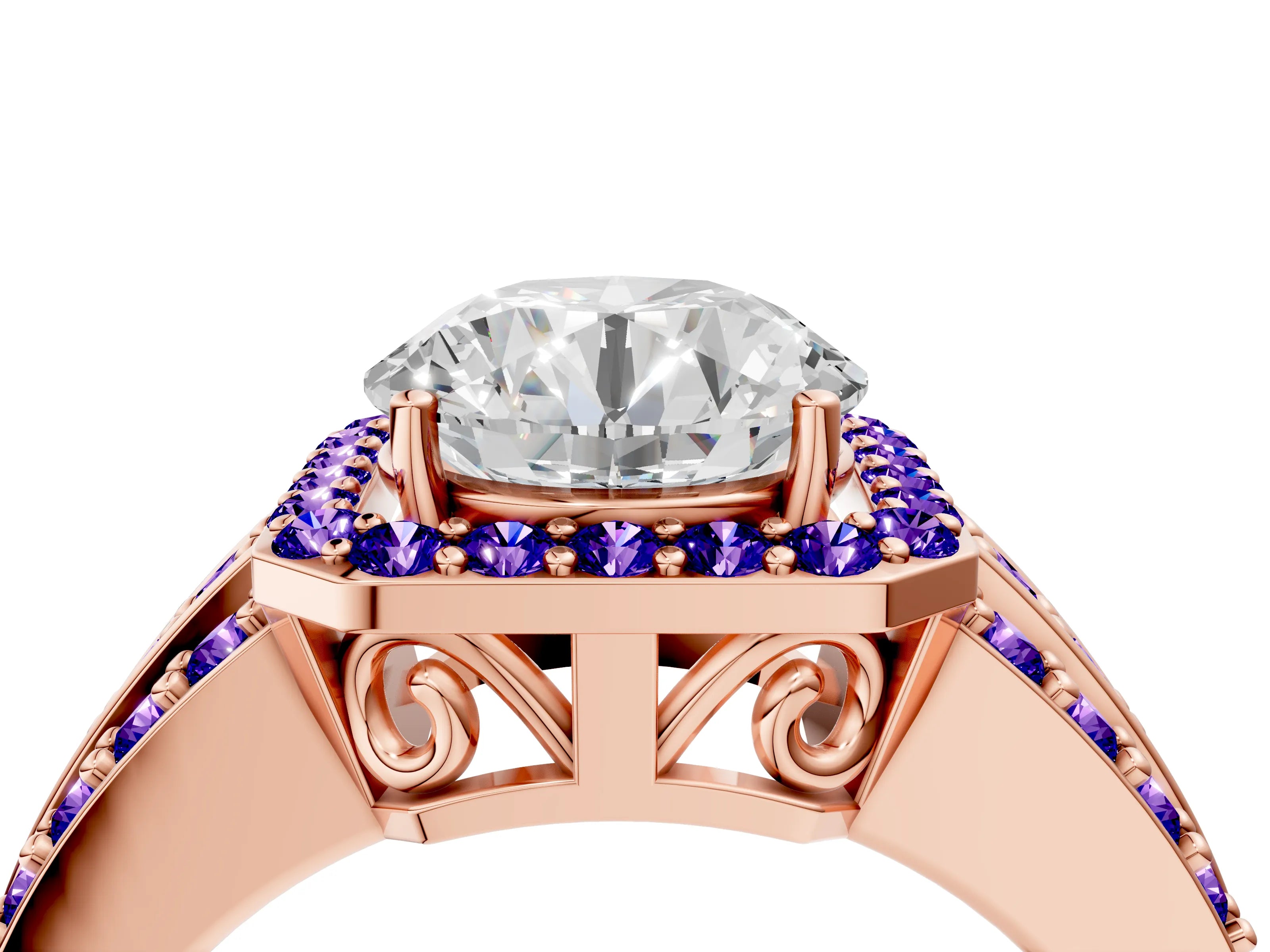 Rose gold Round Cut Halo Diamond Ring with Round with Tanzanite side stone Split Shank and Prong Setting_4