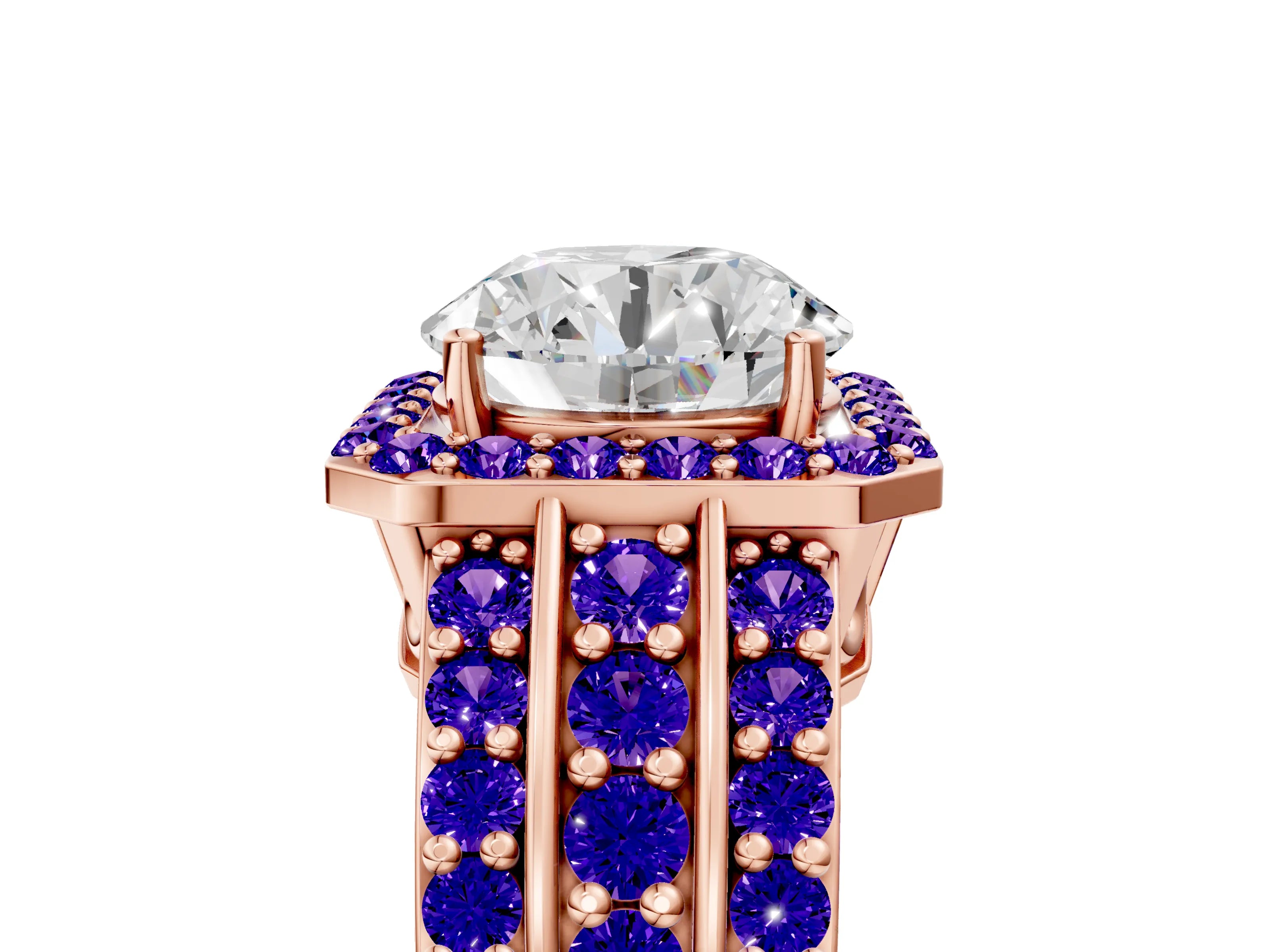 Rose gold Round Cut Halo Diamond Ring with Round with Tanzanite side stone Split Shank and Prong Setting_5