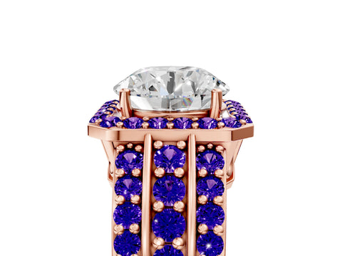 Rose gold Round Cut Halo Diamond Ring with Round with Tanzanite side stone Split Shank and Prong Setting_5