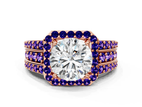 Rose gold Round Cut Halo Diamond Ring with Round with Tanzanite side stone Split Shank and Prong Setting