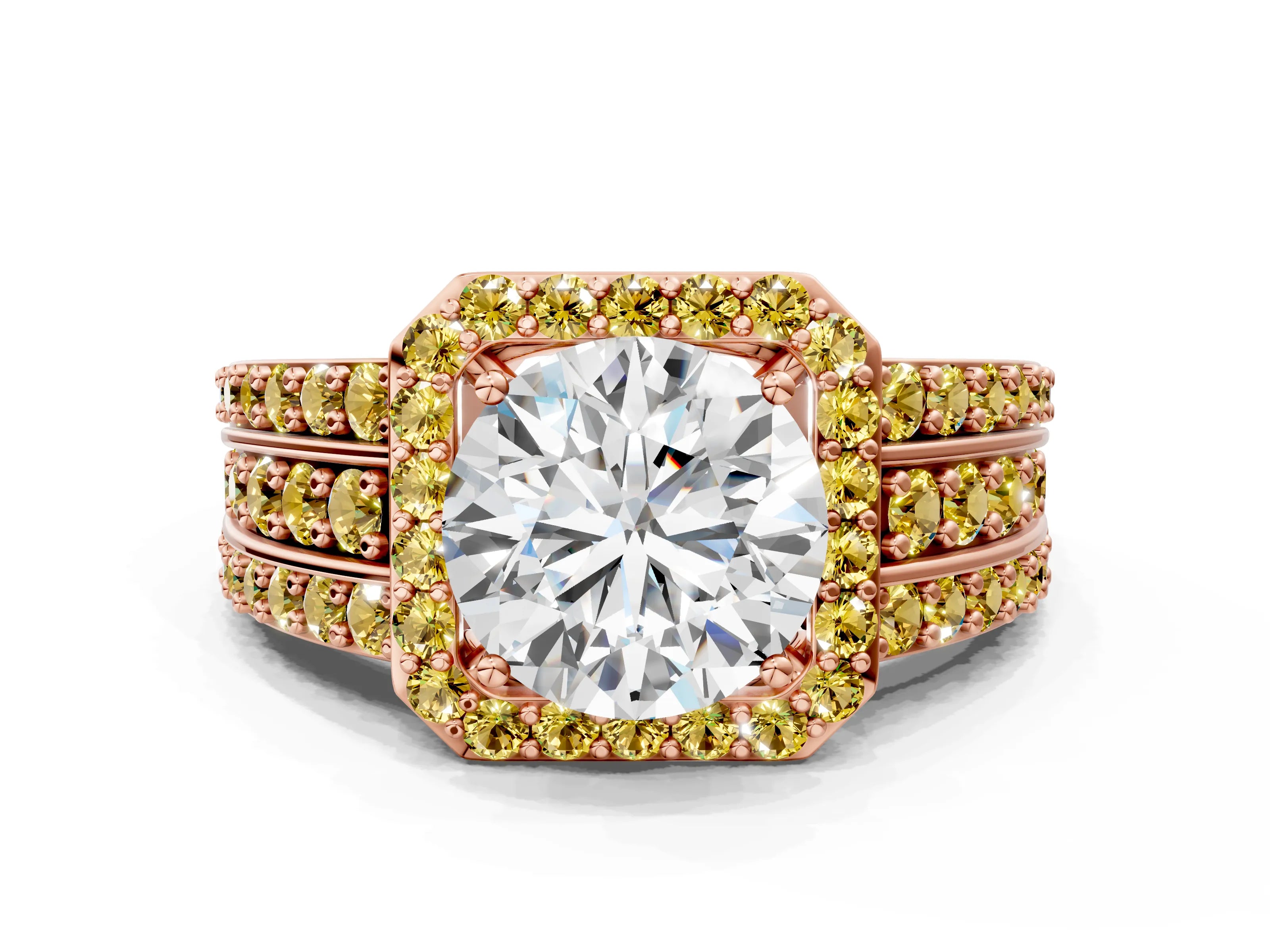 Rose gold Round Cut Halo Diamond Ring with Round with Yellow Sapphire side stone Split Shank and Prong Setting