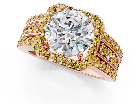 Rose gold Round Cut Halo Diamond Ring with Round with Yellow Sapphire side stone Split Shank and Prong Setting_1