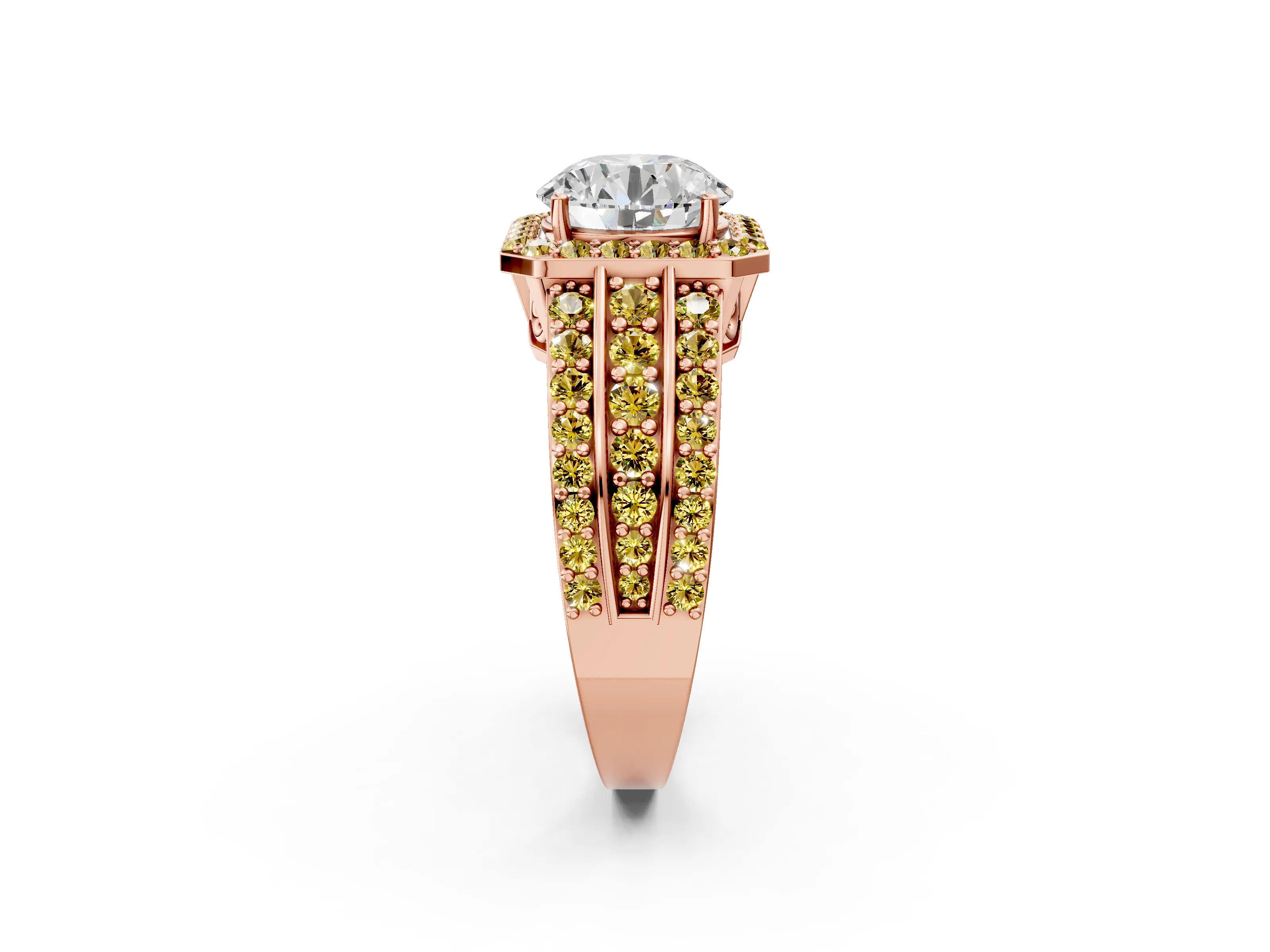 Rose gold Round Cut Halo Diamond Ring with Round with Yellow Sapphire side stone Split Shank and Prong Setting_2