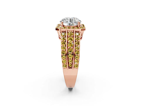 Rose gold Round Cut Halo Diamond Ring with Round with Yellow Sapphire side stone Split Shank and Prong Setting_2