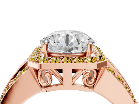 Rose gold Round Cut Halo Diamond Ring with Round with Yellow Sapphire side stone Split Shank and Prong Setting_4