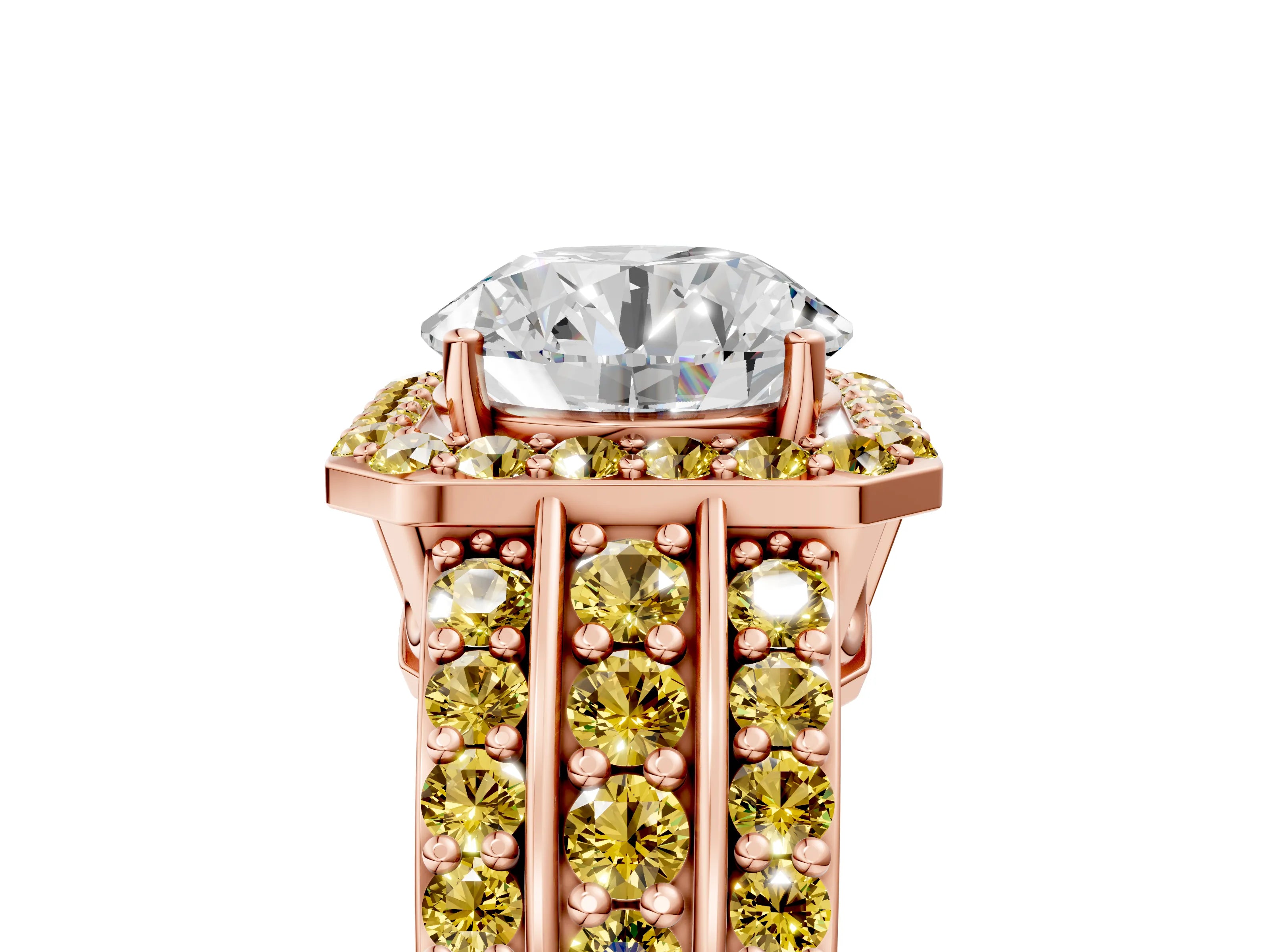 Rose gold Round Cut Halo Diamond Ring with Round with Yellow Sapphire side stone Split Shank and Prong Setting_5
