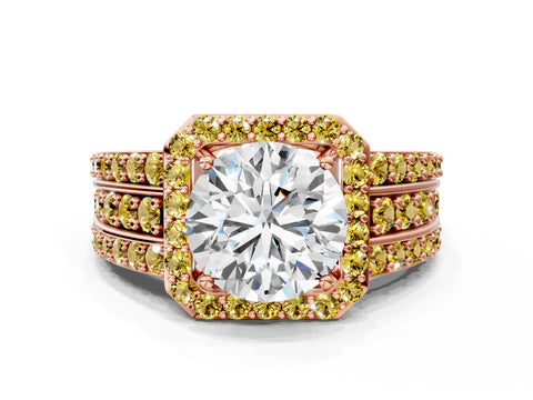 Rose gold Round Cut Halo Diamond Ring with Round with Yellow Sapphire side stone Split Shank and Prong Setting