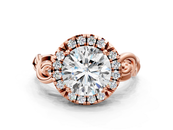 Rose gold Round Cut Halo Diamond Ring with Scrollwork Band and Four-Prong Setting