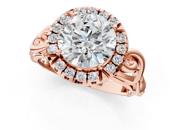 Rose gold Round Cut Halo Diamond Ring with Scrollwork Band and Four-Prong Setting