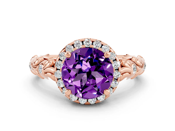 Rose gold Round Cut Amethyst Halo Ring with Filigree Band and Prong Setting