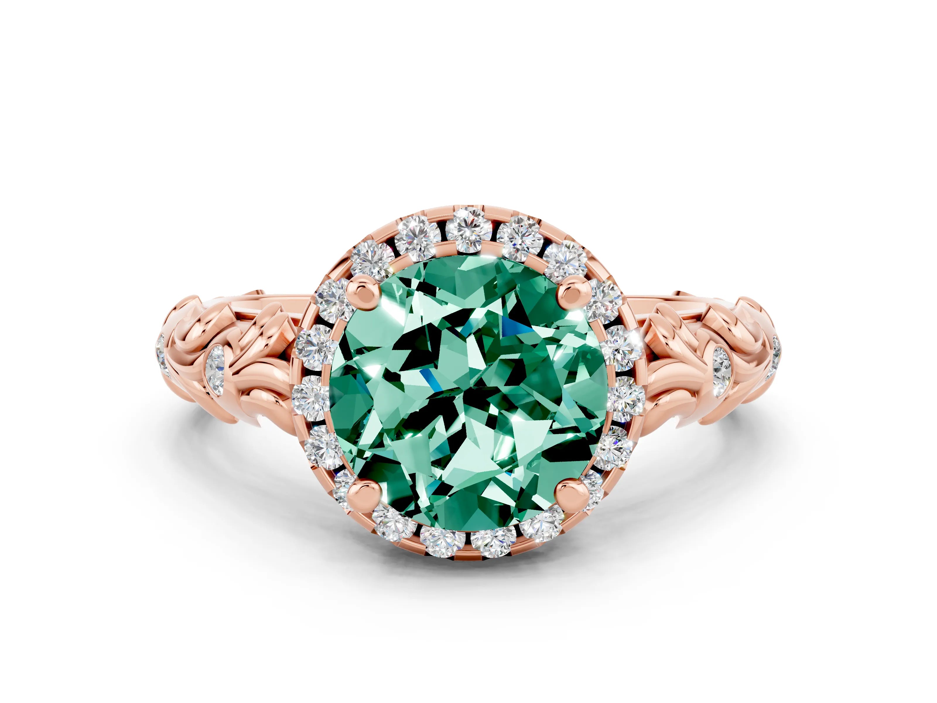 Rose gold Round Cut Halo Diamond Solitaire with Filigree Band and Four-Prong Setting