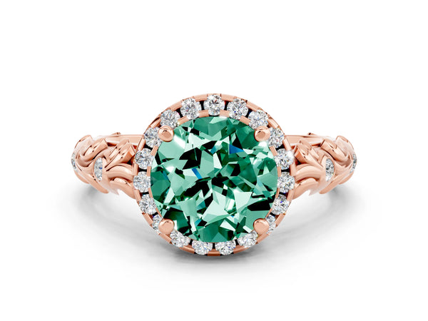 Rose gold Round Cut Green Sapphire Halo Ring with Filigree Band and Prong Setting