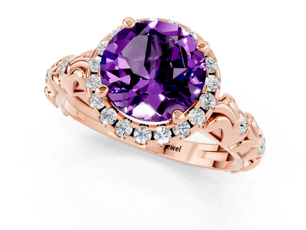 Rose gold Round Cut Amethyst Halo Ring with Filigree Band and Prong Setting