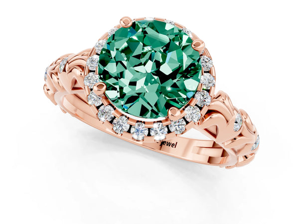 Rose gold Round Cut Green Sapphire Halo Ring with Filigree Band and Prong Setting