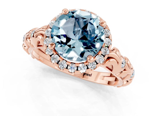 Rose gold Round Cut Aquamarine Halo Ring with Filigree Band and Prong Setting