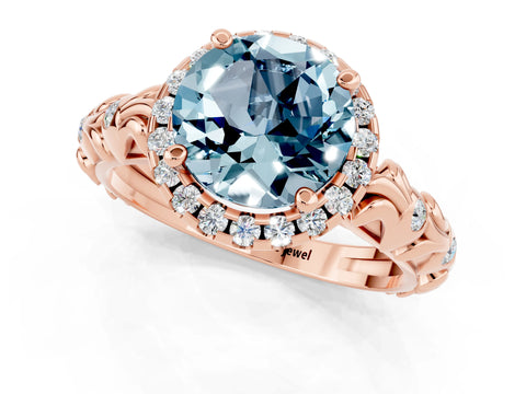 Rose gold Round Cut Halo Diamond Solitaire with Filigree Band and Four-Prong Setting_1
