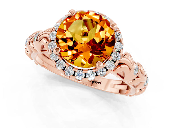 Rose gold Round Cut Citrine Halo Ring with Filigree Band and Prong Setting