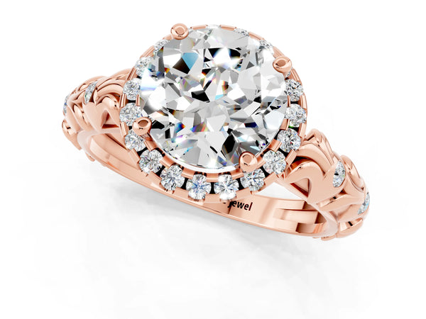 Rose gold Round Cut Moissanite Halo Ring with Filigree Band and Prong Setting