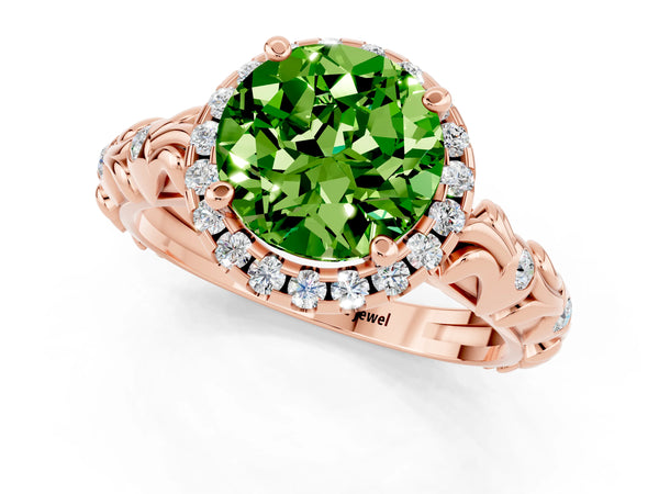 Rose gold Round Cut Peridot Halo Ring with Filigree Band and Prong Setting