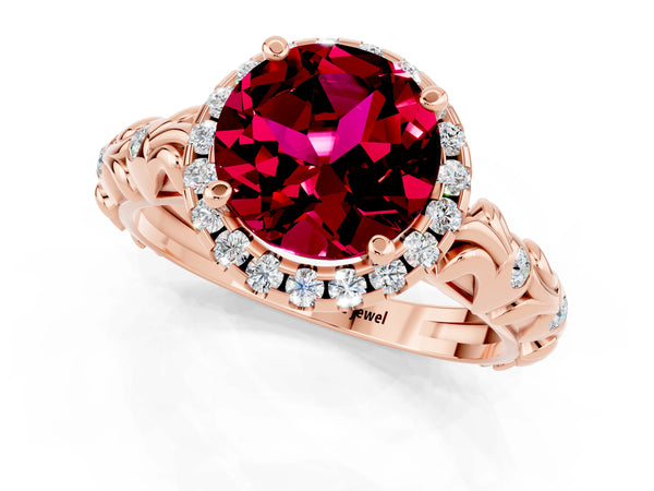 Rose gold Round Cut Garnet Halo Ring with Filigree Band and Prong Setting