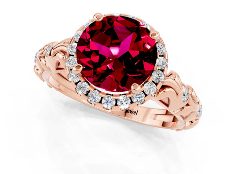 Rose gold Round Cut Halo Diamond Solitaire with Filigree Band and Four-Prong Setting_1