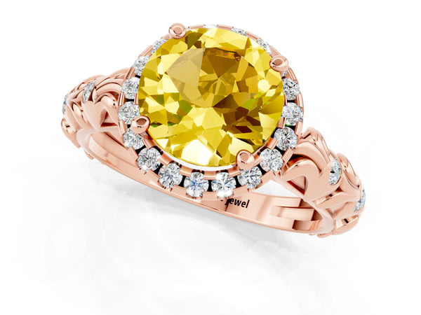 Rose gold Round Cut Yellow Sapphire Halo Ring with Filigree Band and Prong Setting