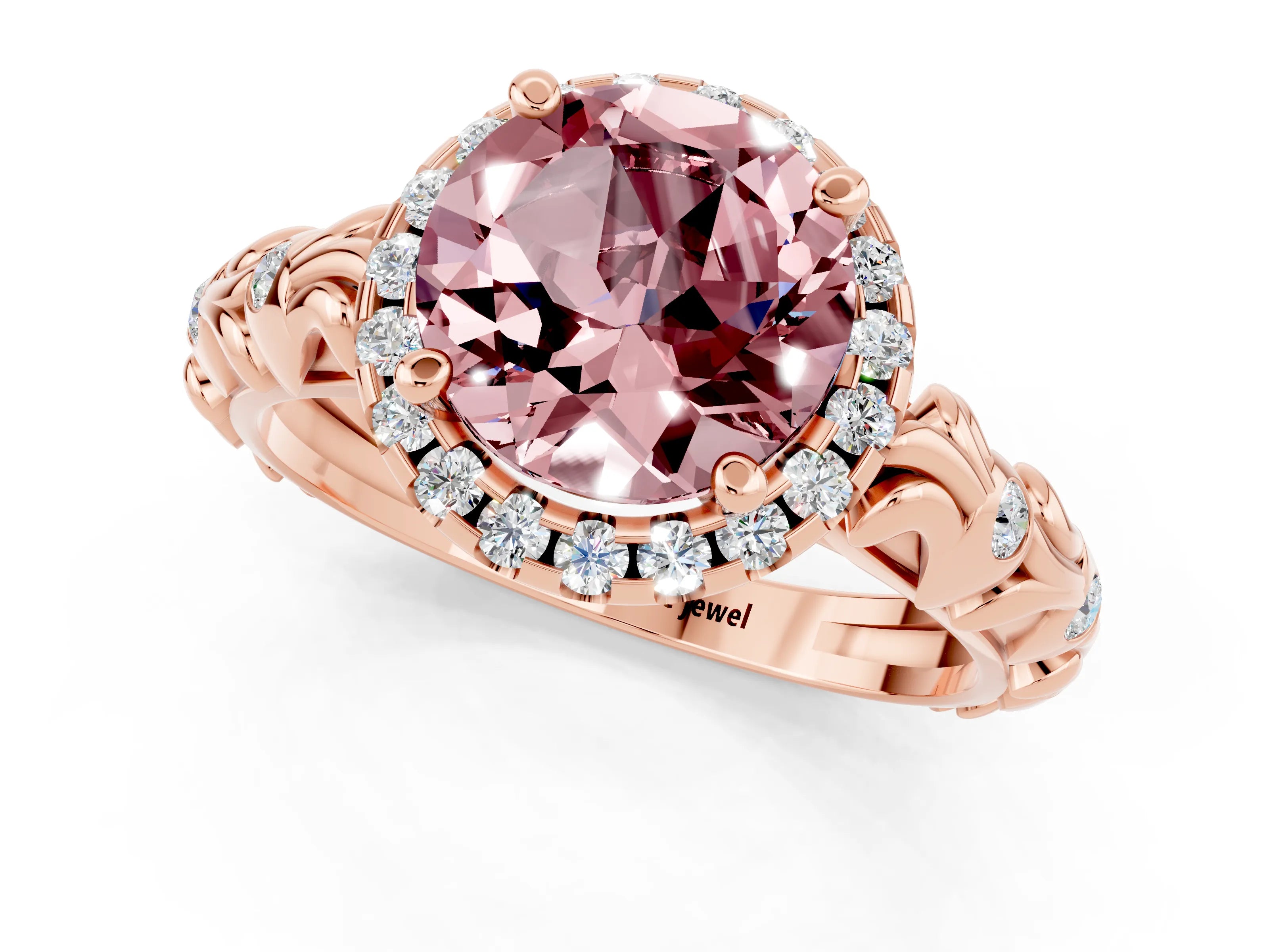 Rose gold Round Cut Halo Diamond Solitaire with Filigree Band and Four-Prong Setting_1