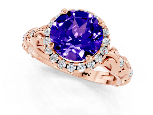 Rose gold Round Cut Tanzanite Halo Ring with Filigree Band and Prong Setting