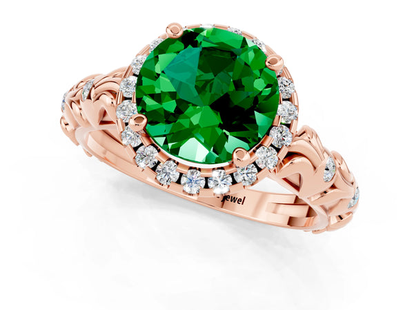 Rose gold Round Cut Emerald Halo Ring with Filigree Band and Prong Setting