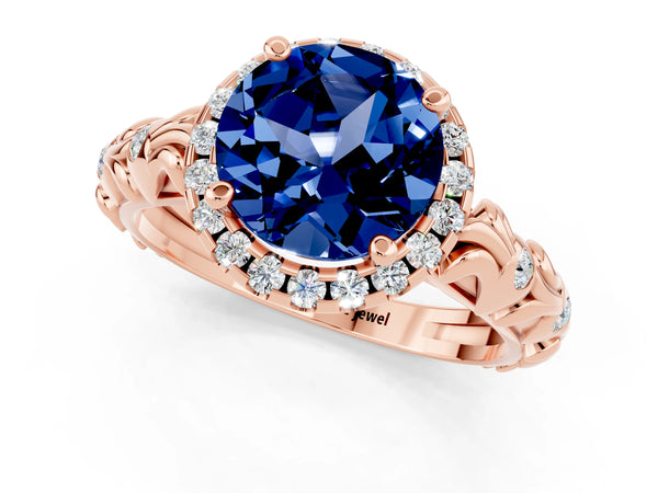 Rose gold Round Cut Blue Sapphire Halo Ring with Filigree Band and Prong Setting