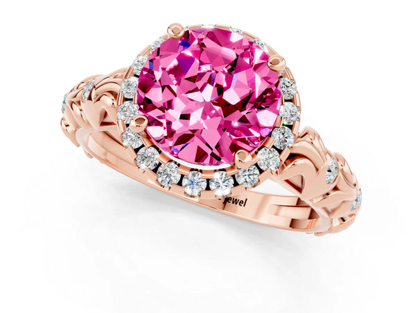 Rose gold Round Cut Pink Sapphire Halo Ring with Filigree Band and Prong Setting