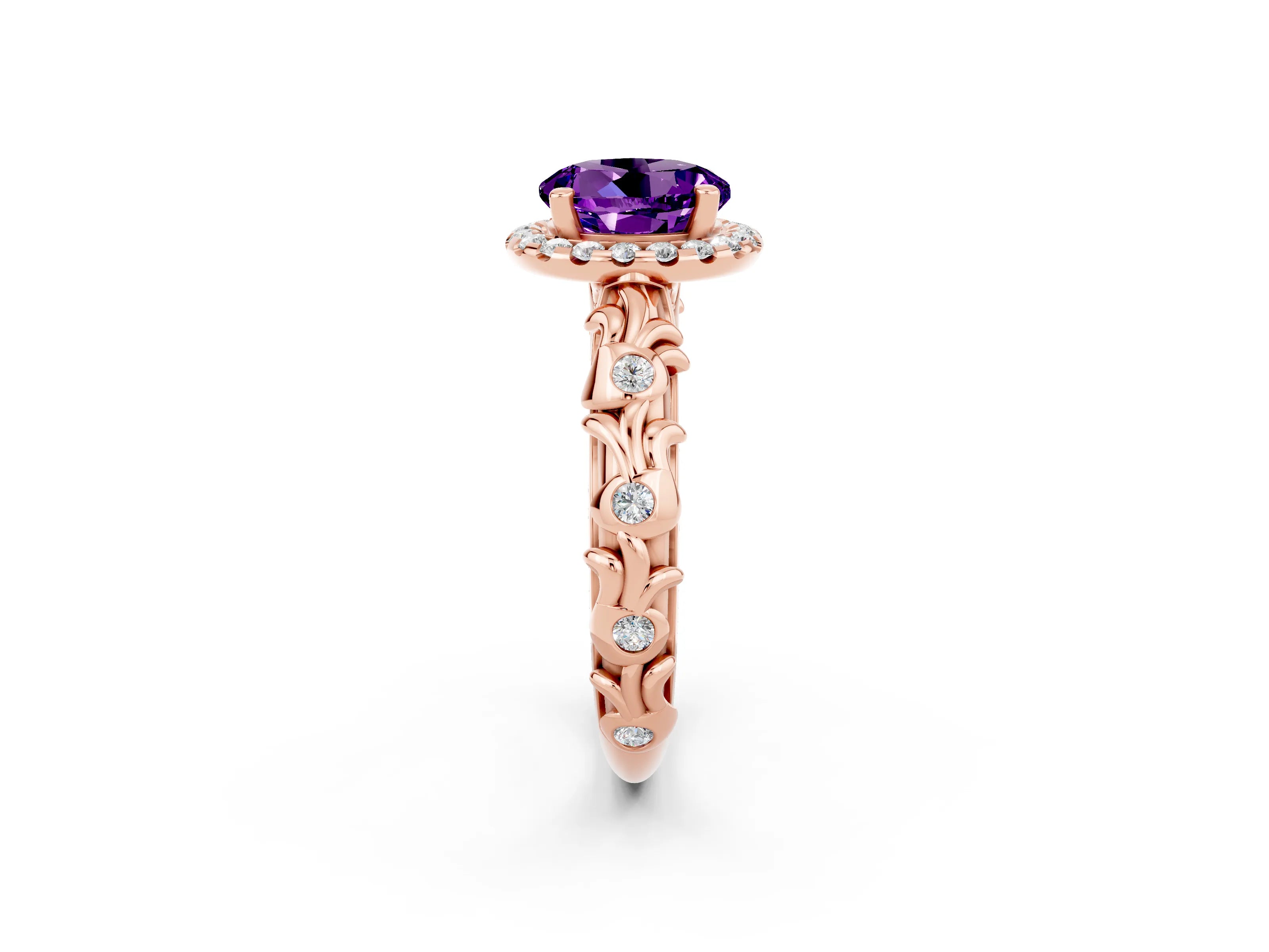 Rose gold Round Cut Halo Diamond Solitaire with Filigree Band and Four-Prong Setting_2