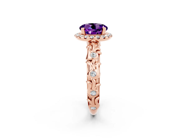 Rose gold Round Cut Amethyst Halo Ring with Filigree Band and Prong Setting