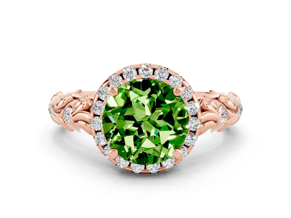 Rose gold Round Cut Peridot Halo Ring with Filigree Band and Prong Setting