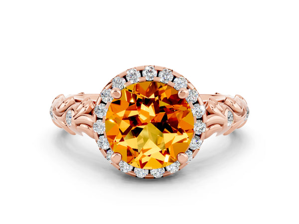 Rose gold Round Cut Citrine Halo Ring with Filigree Band and Prong Setting