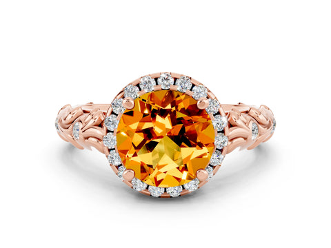 Rose gold Round Cut Halo Diamond Solitaire with Filigree Band and Four-Prong Setting