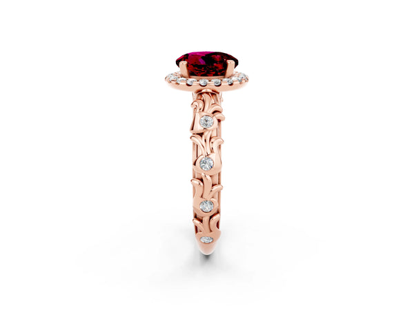 Rose gold Round Cut Garnet Halo Ring with Filigree Band and Prong Setting