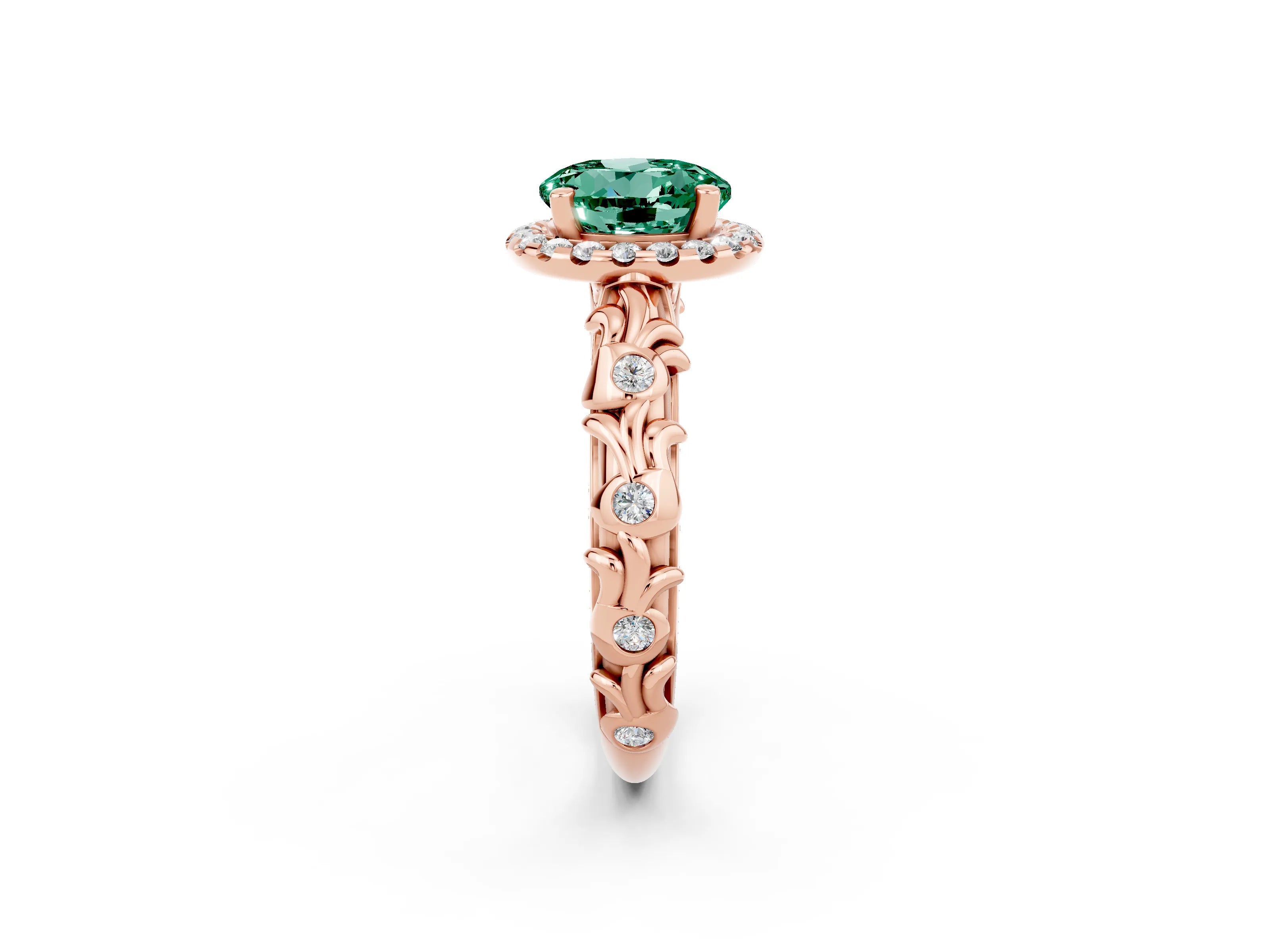Rose gold Round Cut Halo Diamond Solitaire with Filigree Band and Four-Prong Setting_2