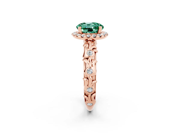 Rose gold Round Cut Green Sapphire Halo Ring with Filigree Band and Prong Setting