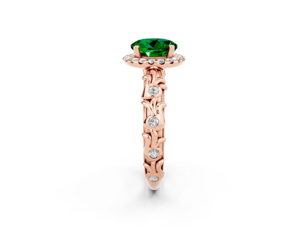 Rose gold Round Cut Emerald Halo Ring with Filigree Band and Prong Setting
