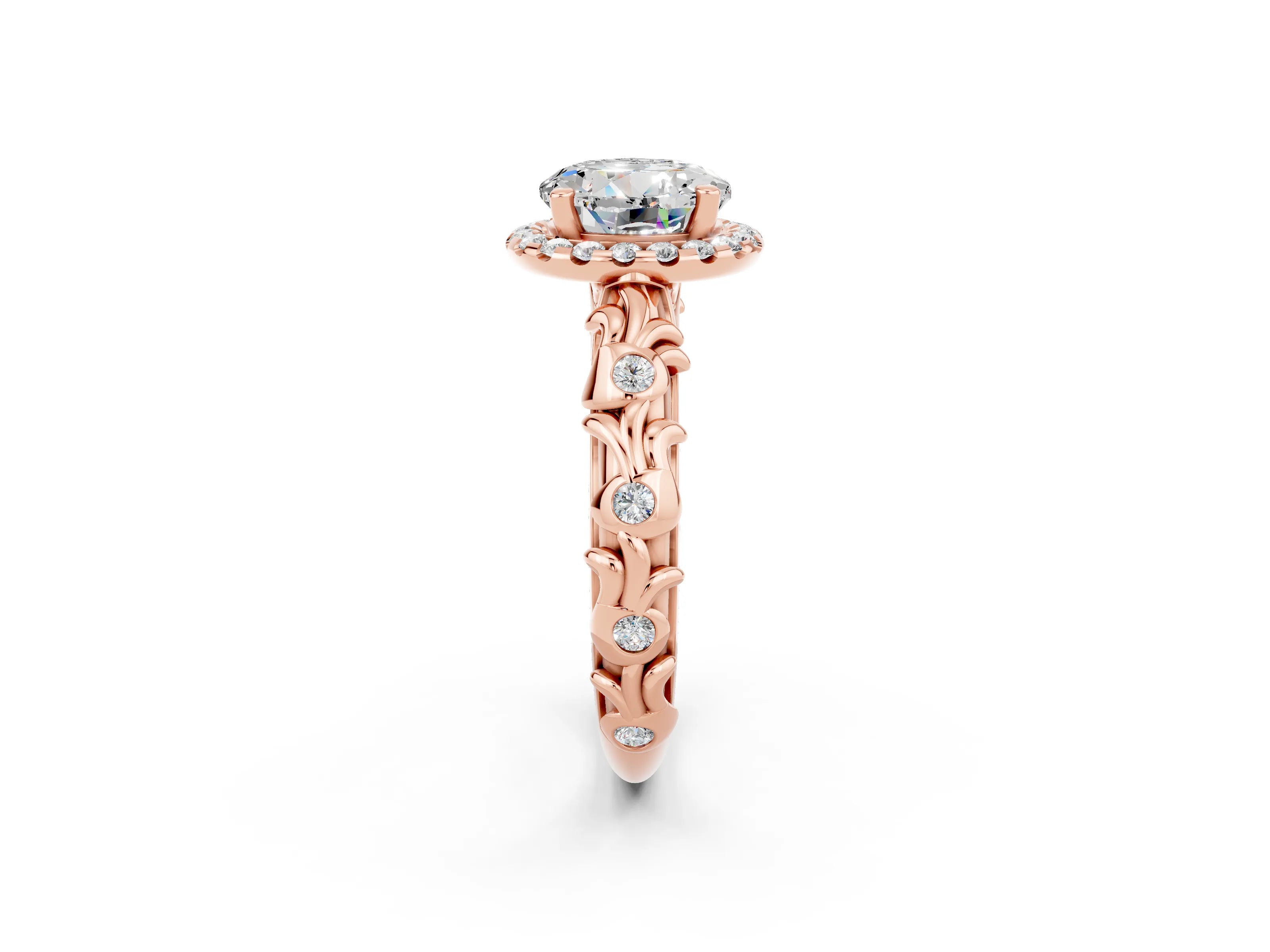 Rose gold Round Cut Halo Diamond Solitaire with Filigree Band and Four-Prong Setting_2