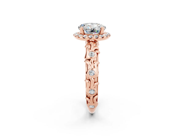 Rose gold Round Cut Moissanite Halo Ring with Filigree Band and Prong Setting