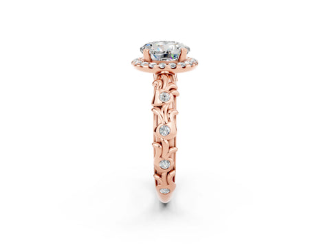 Rose gold Round Cut Halo Diamond Solitaire with Filigree Band and Four-Prong Setting_2