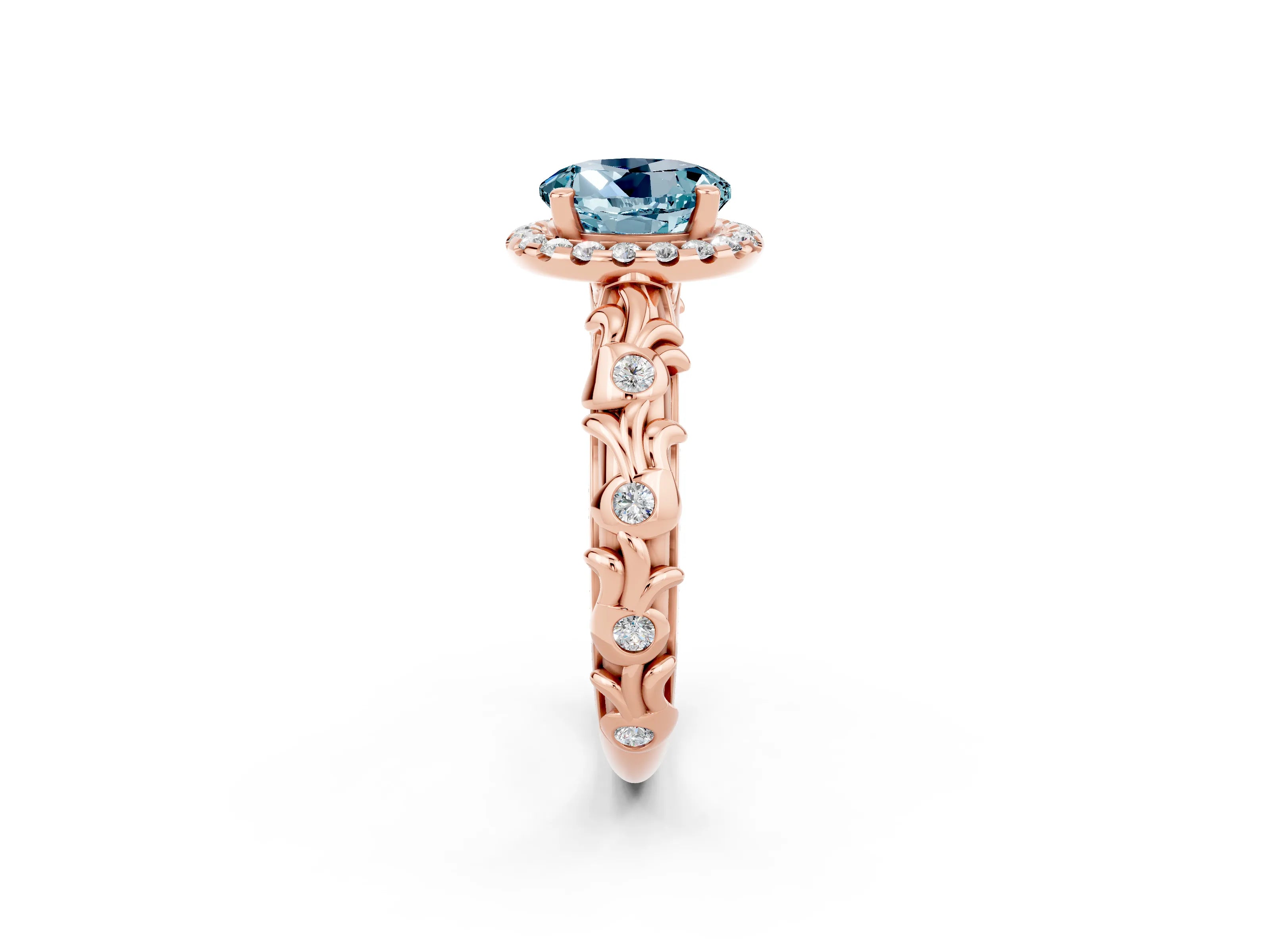 Rose gold Round Cut Halo Diamond Solitaire with Filigree Band and Four-Prong Setting_2