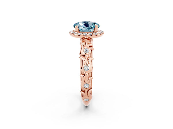 Rose gold Round Cut Aquamarine Halo Ring with Filigree Band and Prong Setting