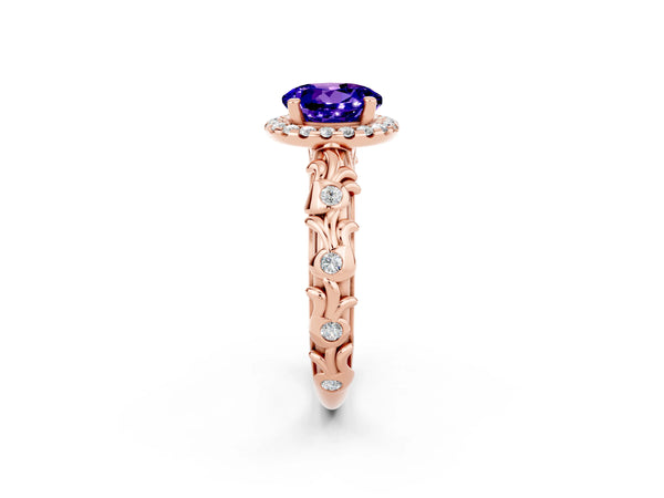 Rose gold Round Cut Tanzanite Halo Ring with Filigree Band and Prong Setting